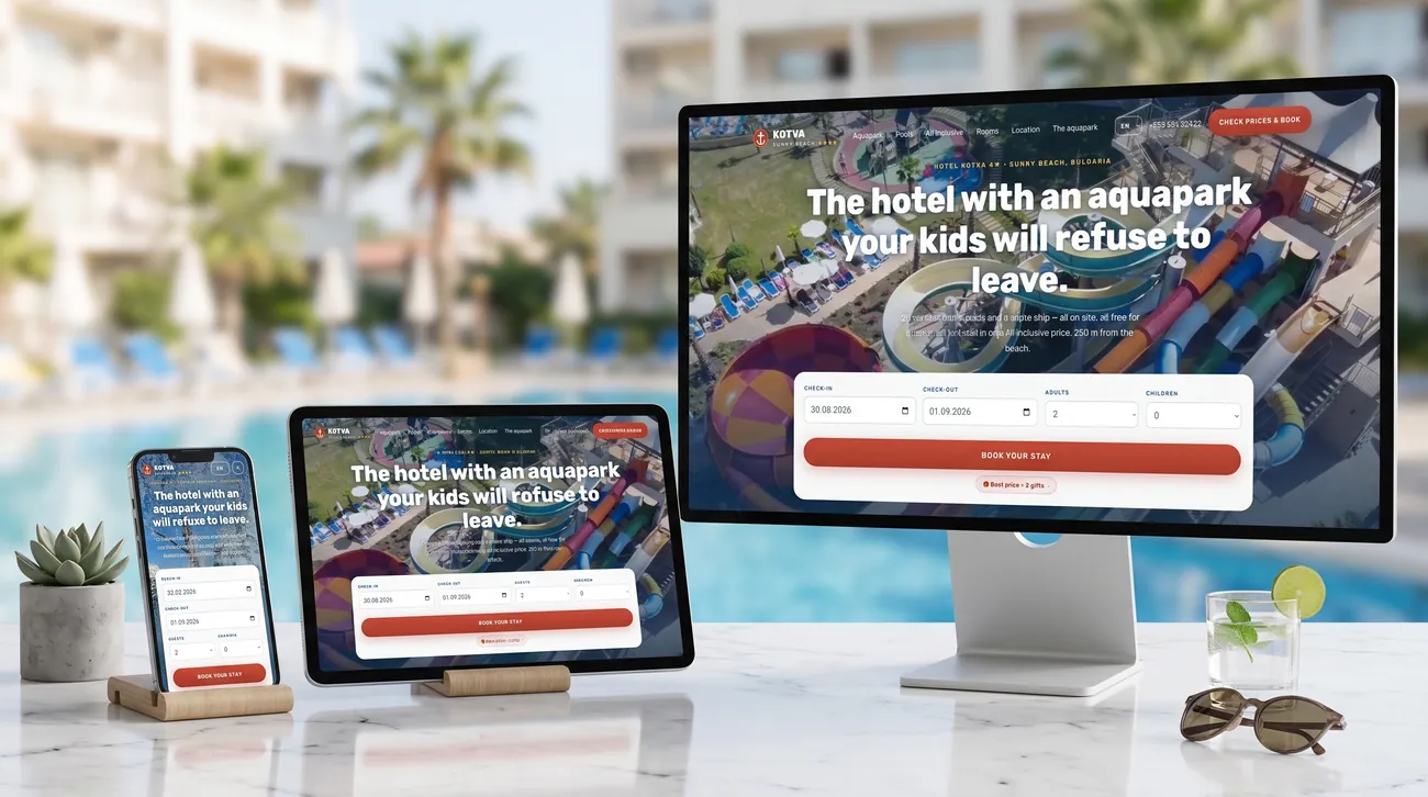 Сайтът на Hotel Kotva на монитор, таблет и телефон, край басейна