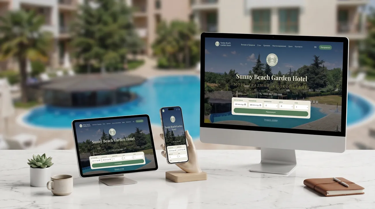 Сайтът на Sunny Beach Garden Hotel на монитор, таблет и телефон