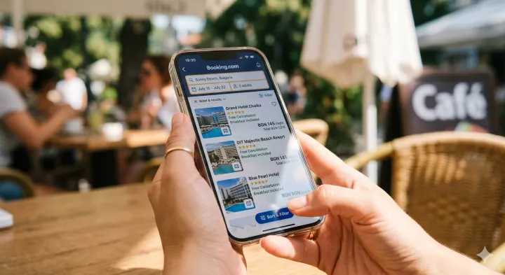 Турист преглежда хотели в Booking.com от мобилен телефон