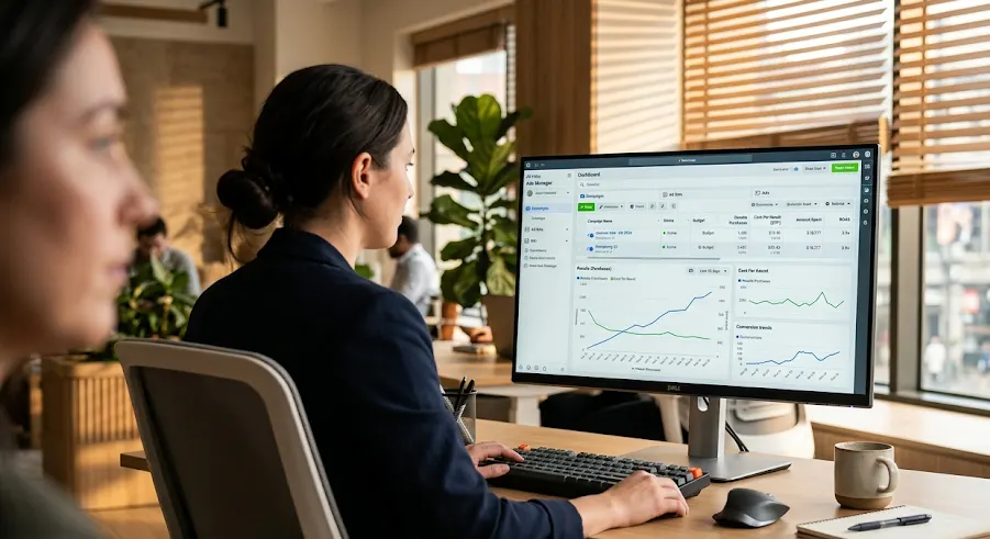 Мениджър работи с Meta Ads Manager на компютър